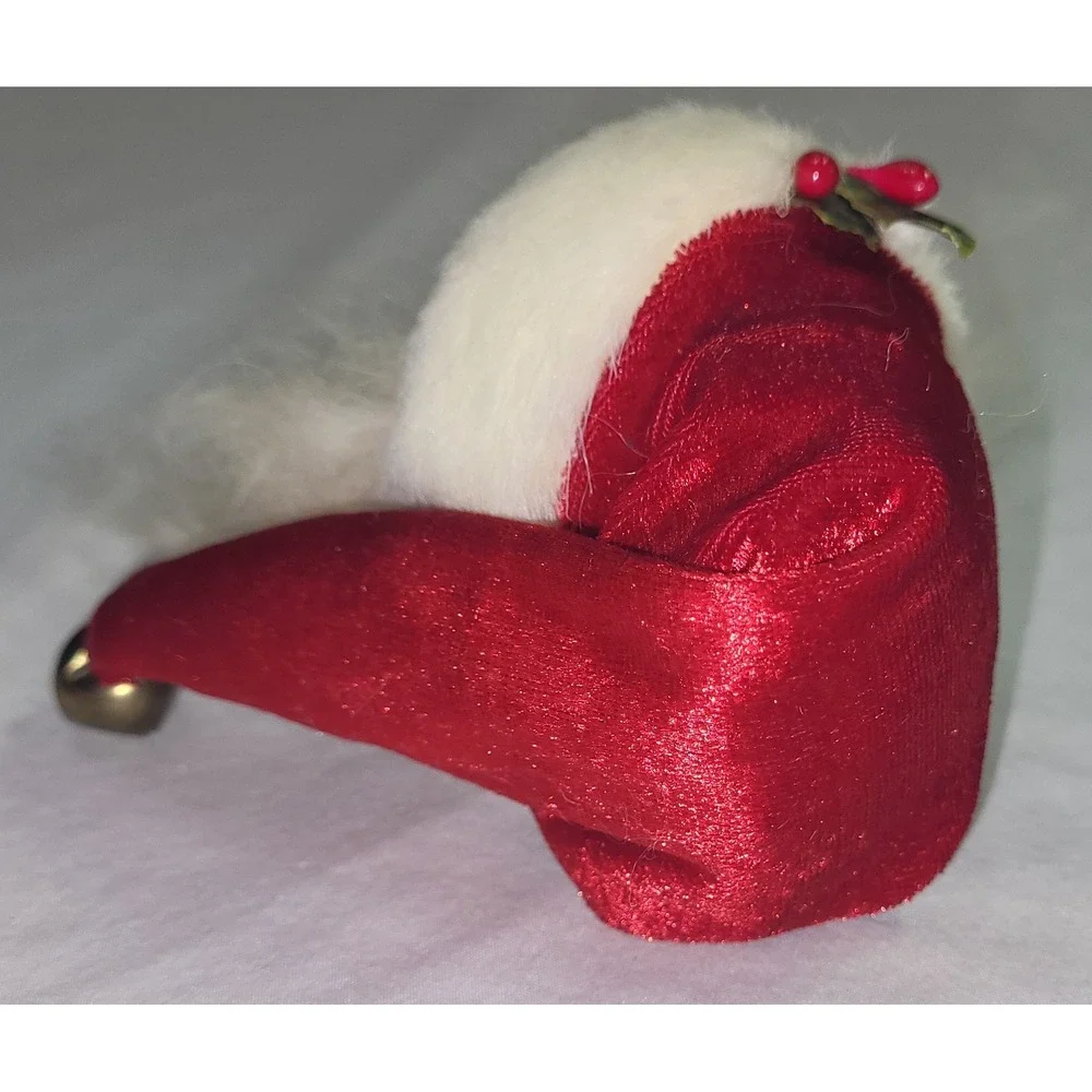 Father Christmas Santa Claus Head Ornament Red White Long Beard Bell Hat Vintage